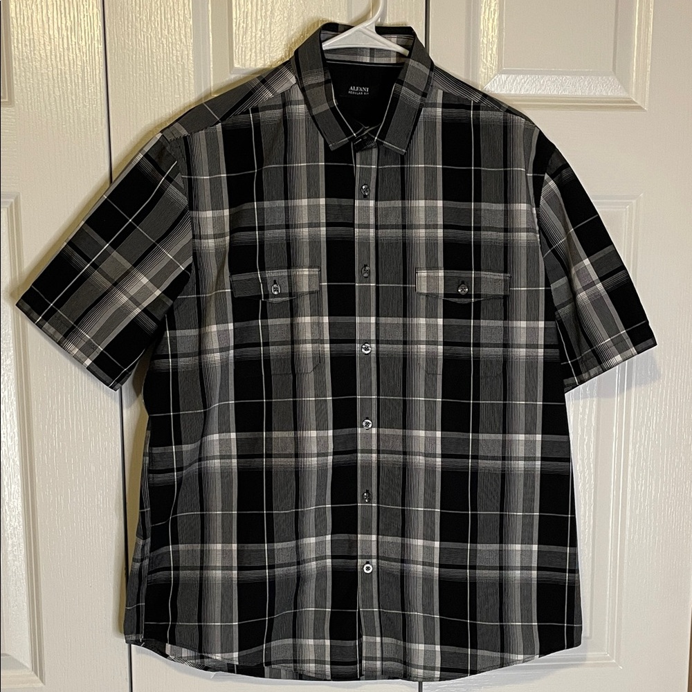 ALFANI Casual Button Up Plaid Shirt, Men’s M, Black Gray